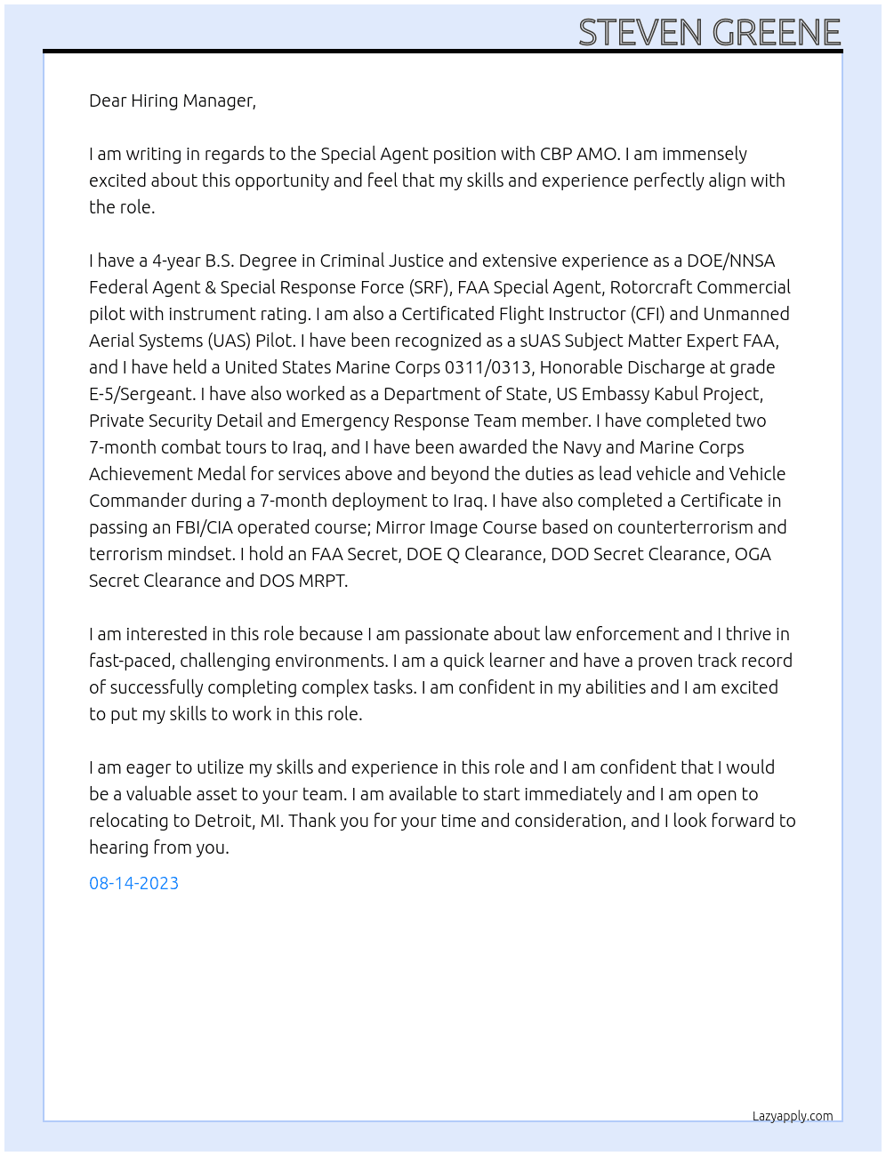 Special Agent At CBP AMO Cover Letter