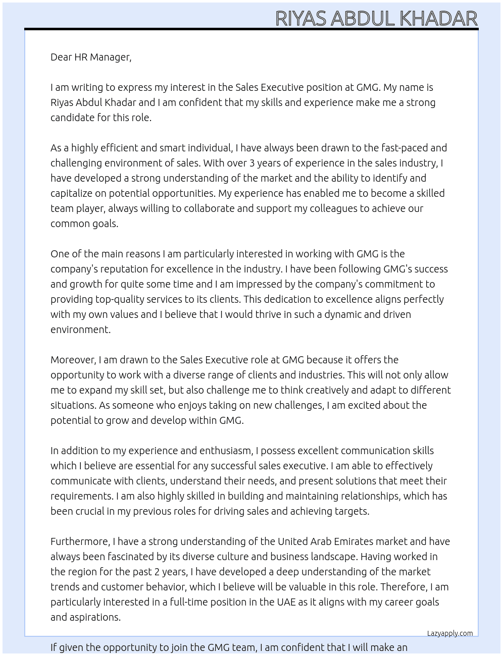 Sales executive  At GMG Cover Letter