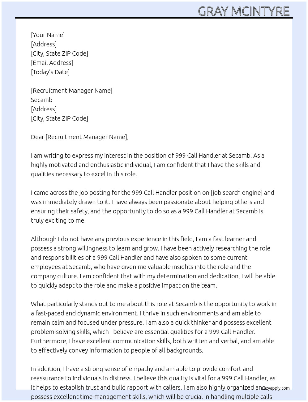 999 call handler  At Secamb  Cover Letter