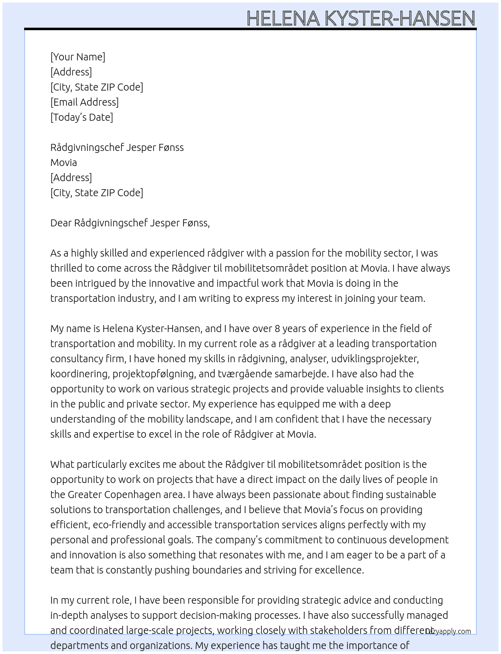 Rådgiver til mobilitetsområdet At Movia Cover Letter