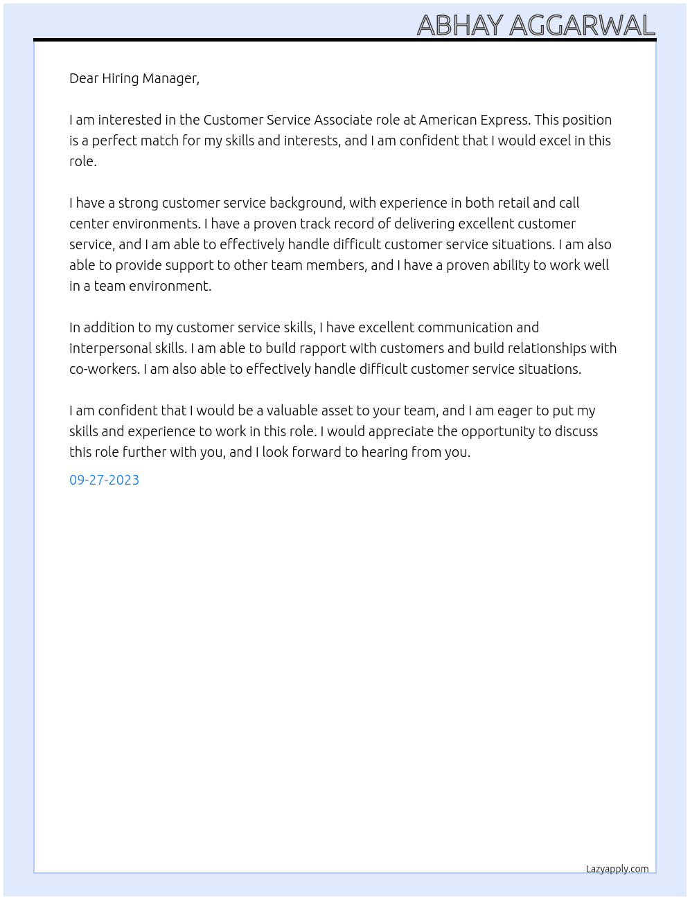 Customer Service Associate At AMERICAN EXPRESS Cover Letter