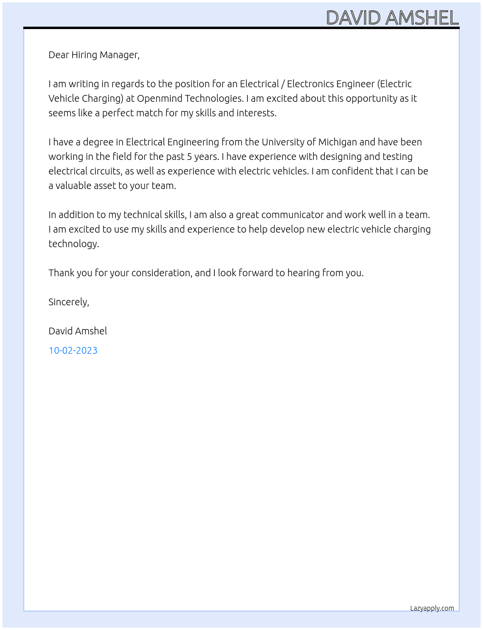 Electrical / Electronics Engineer (Electric Vehicle Charging) At Openmind Technologies Cover Letter