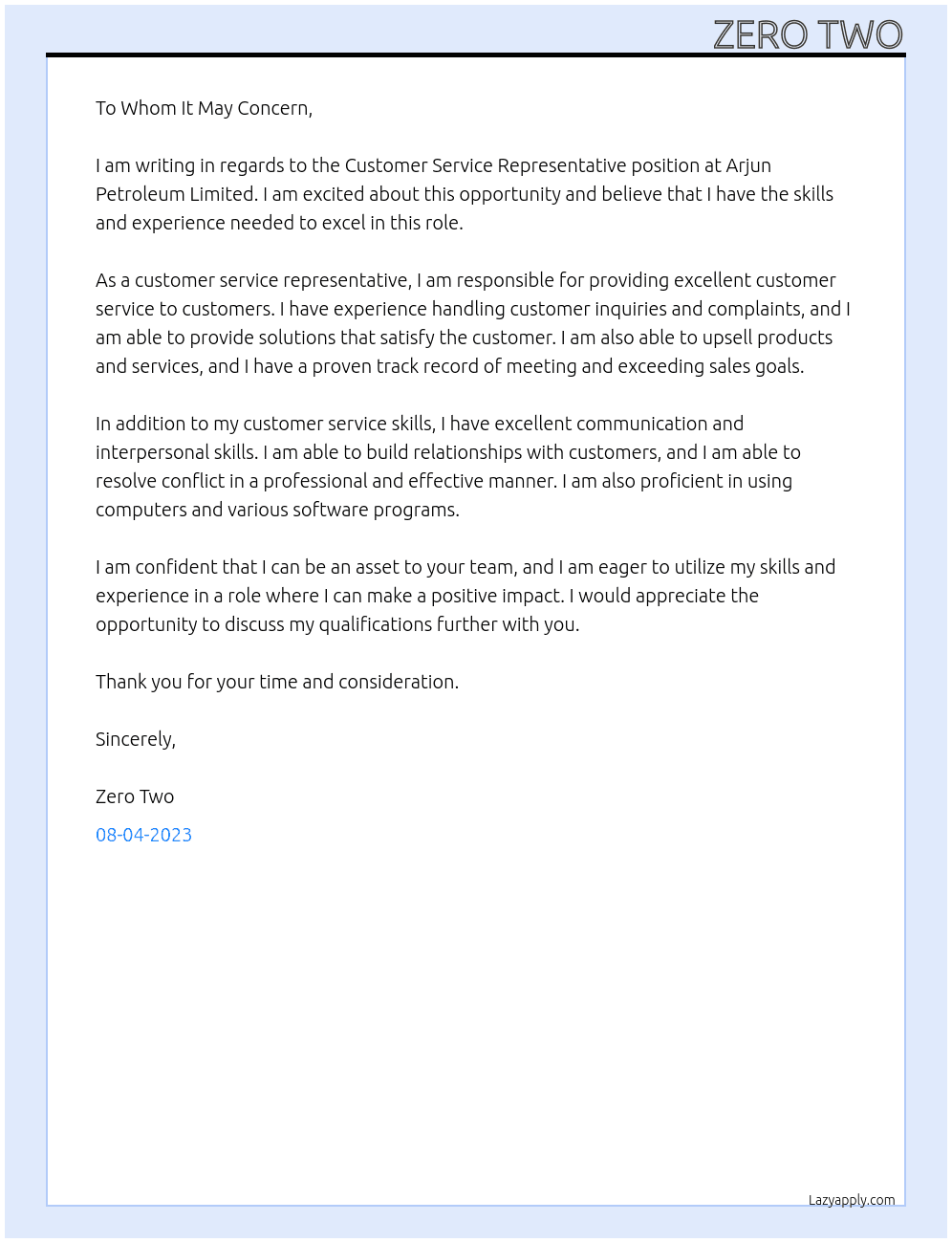 Customer Service Representative At Arjun Petroleum Limited Cover Letter