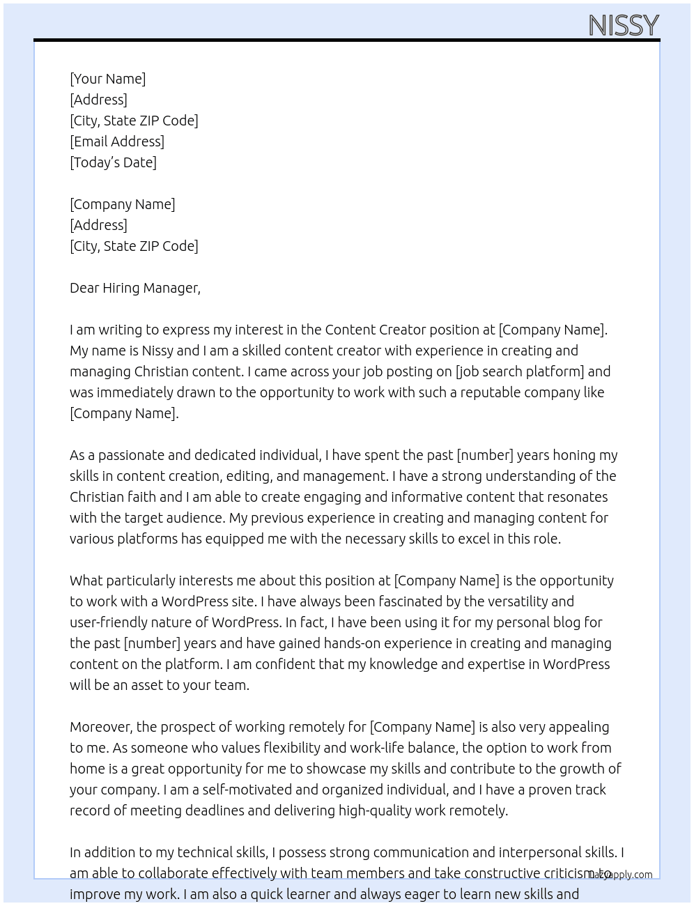 content creator  At wordpress site Cover Letter