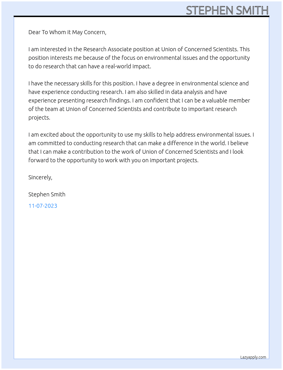 Research Associate At Union of Concerned Scientists Cover Letter