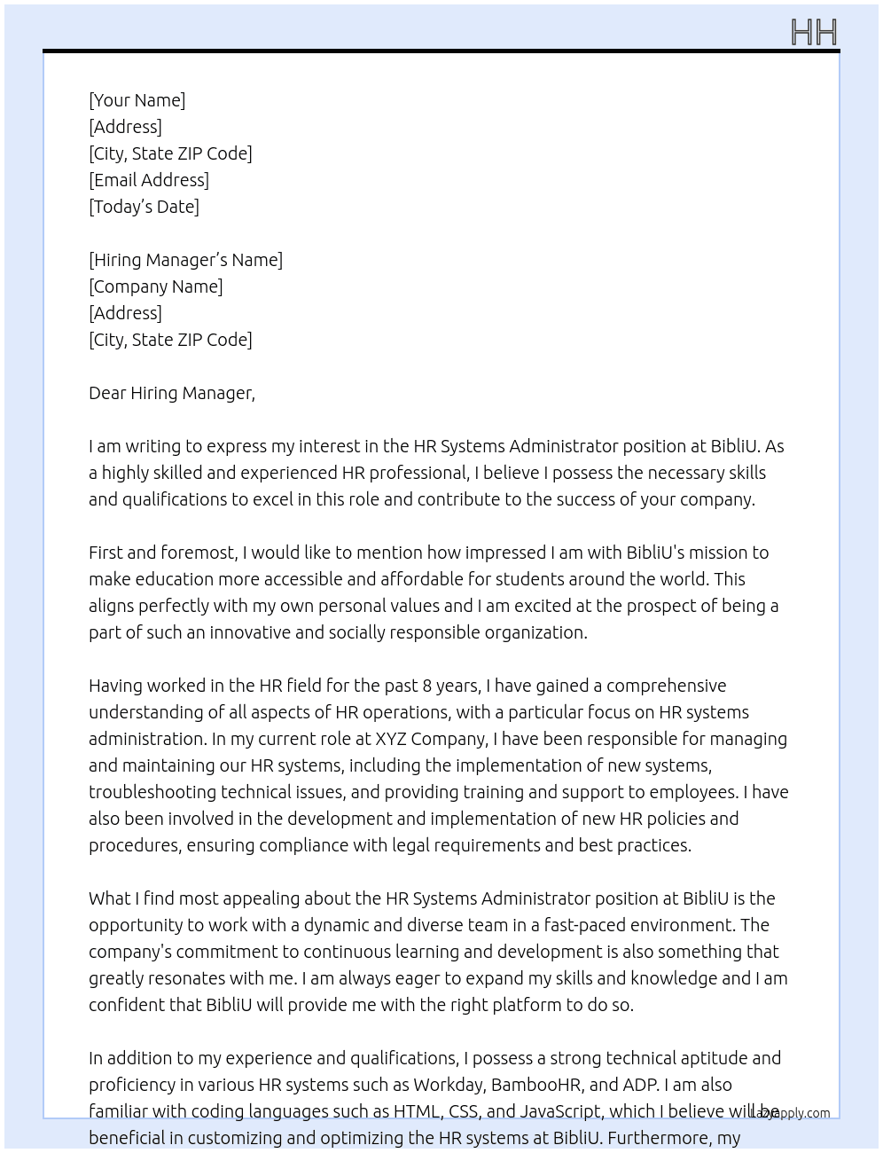 HR Systems Administrator At BibliU Cover Letter