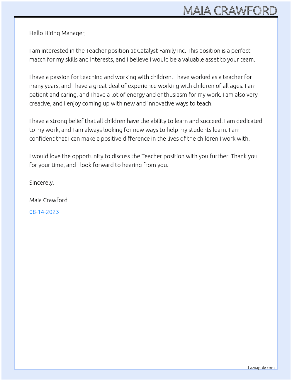 Teacher At Catalyst Family Inc Cover Letter