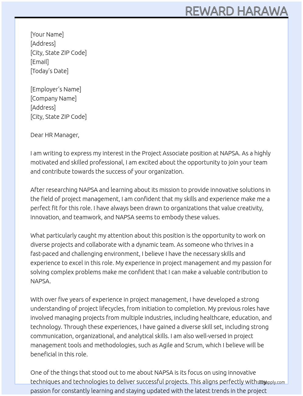 Project associate  At NAPSA Cover Letter
