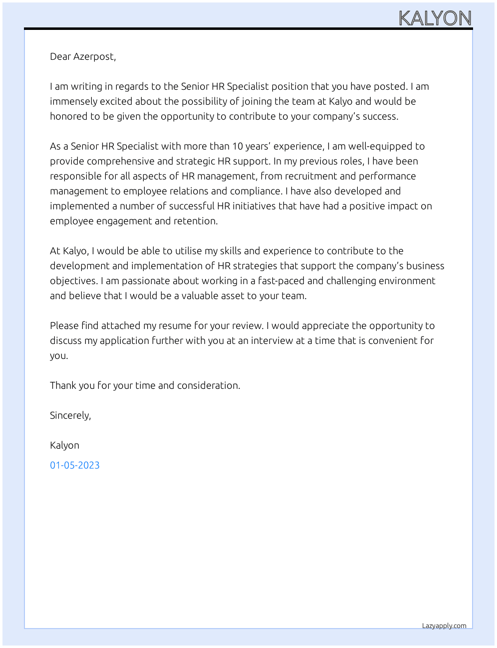 Senior Hr Specialist At Kalyo Cover Letter