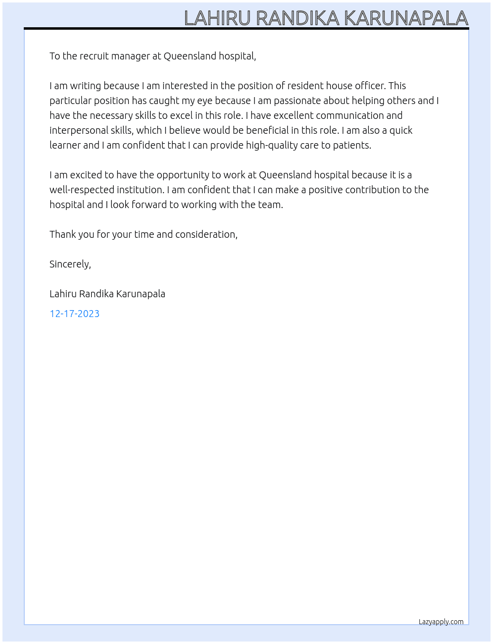resident house officer At queensland hospital Cover Letter