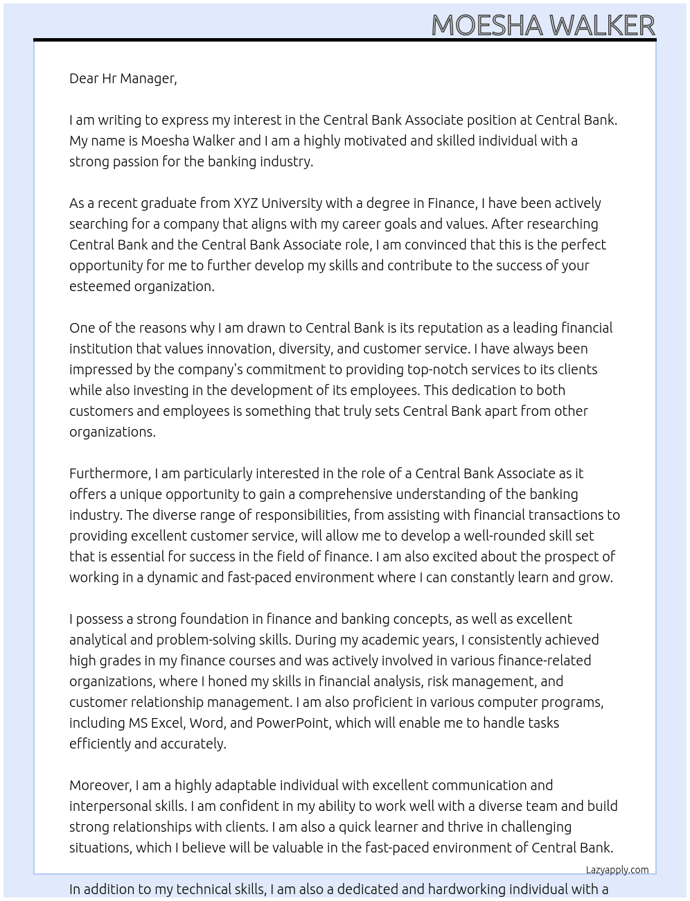 Central Bank Associate At Central Bank Cover Letter