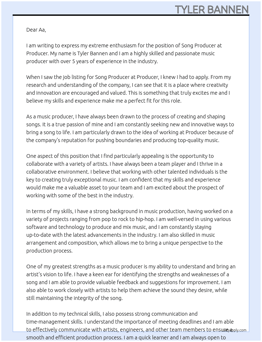Song Producer At Producer Cover Letter