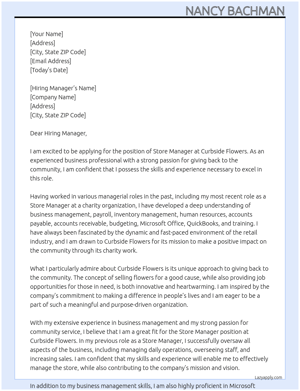 charity organization store Manager  At Curbside Flowers  Cover Letter