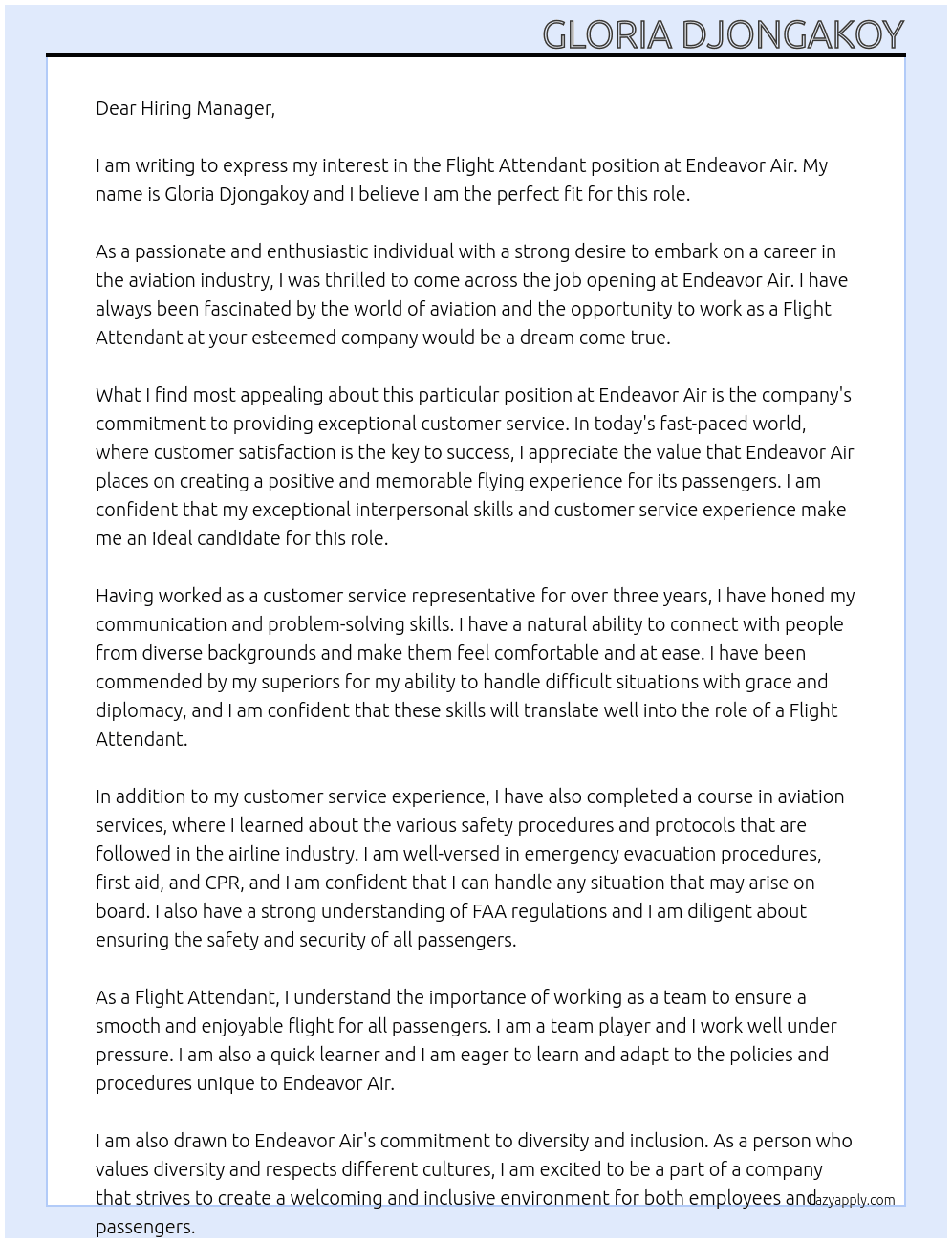 Flight Attendant At endeavor air Cover Letter