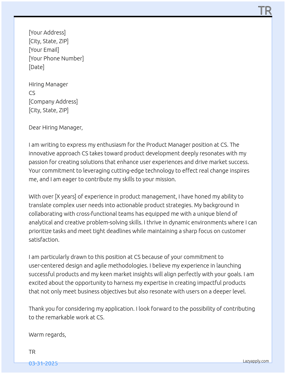 Product Manager At CS Cover Letter