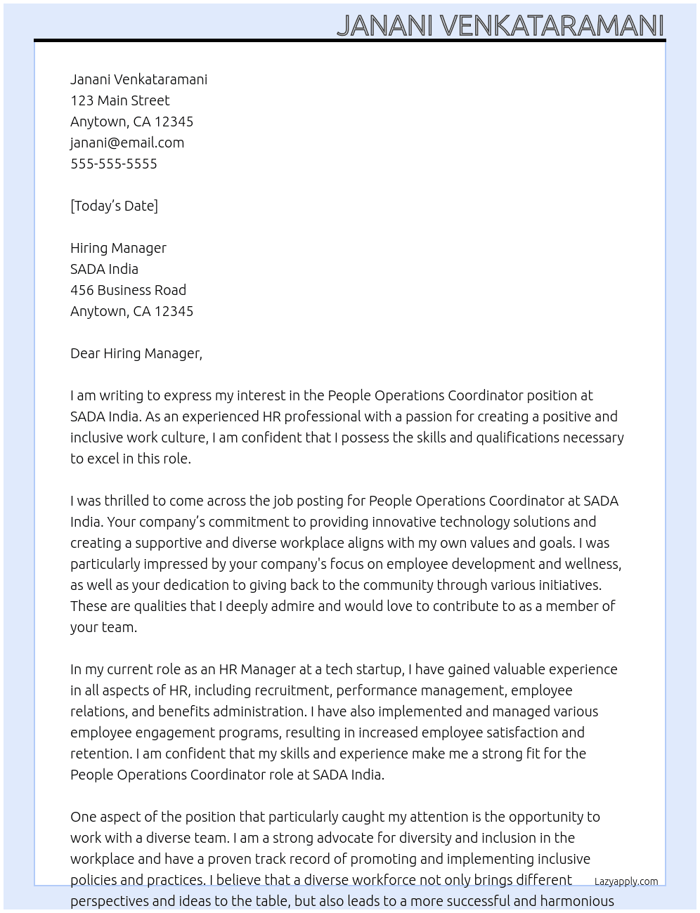 People Operations Coordinator At SADA India Cover Letter