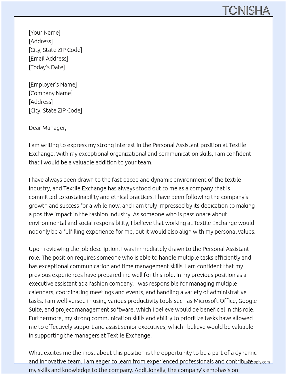 Personal assistant  At Textile exchange  Cover Letter