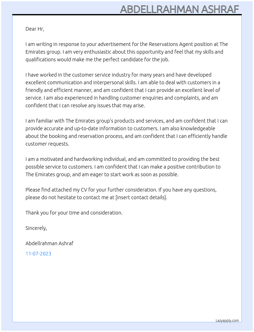 Reservations Agent At The Emirates group  Cover Letter