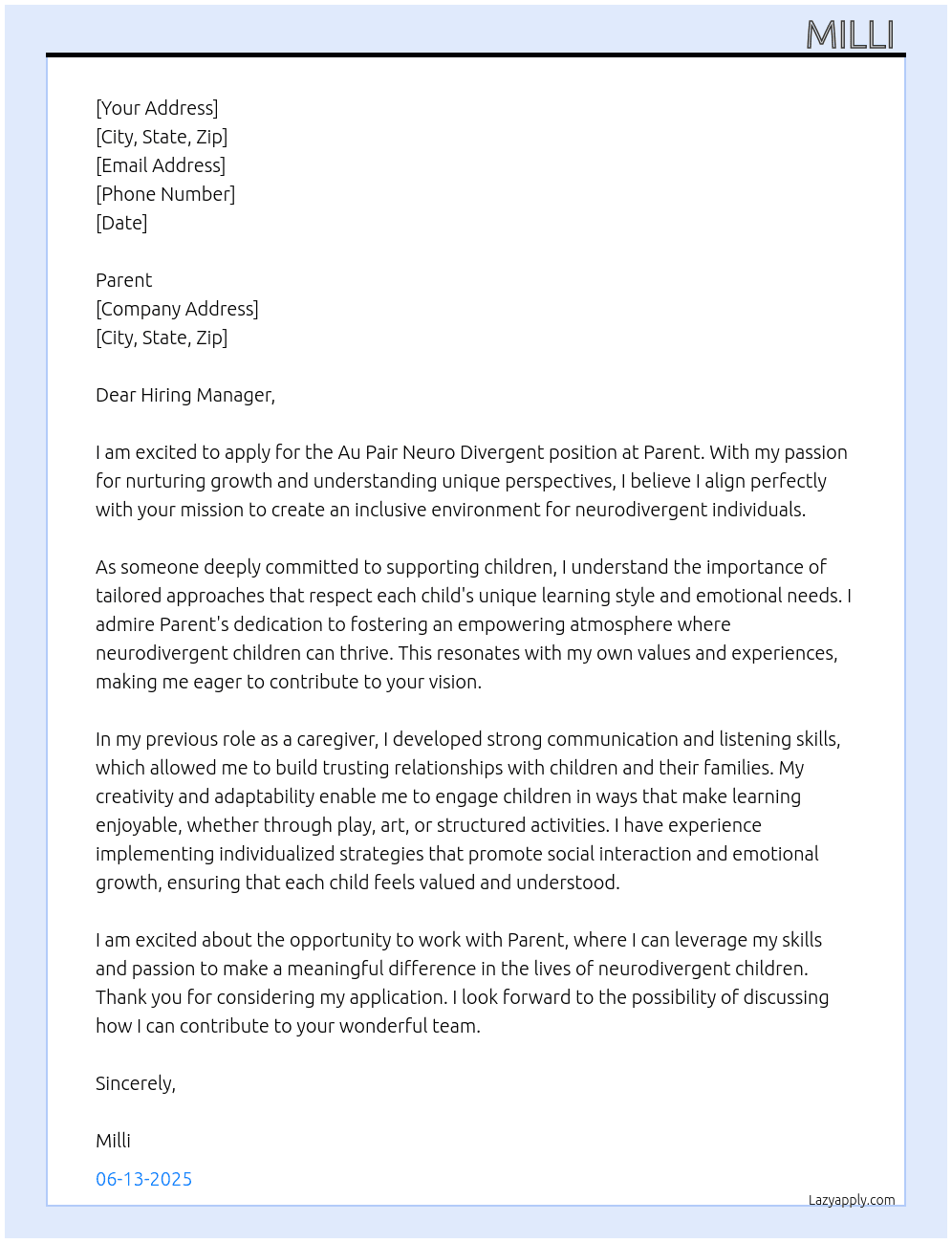 Cover letter for au pair neuro divergent - LazyApply