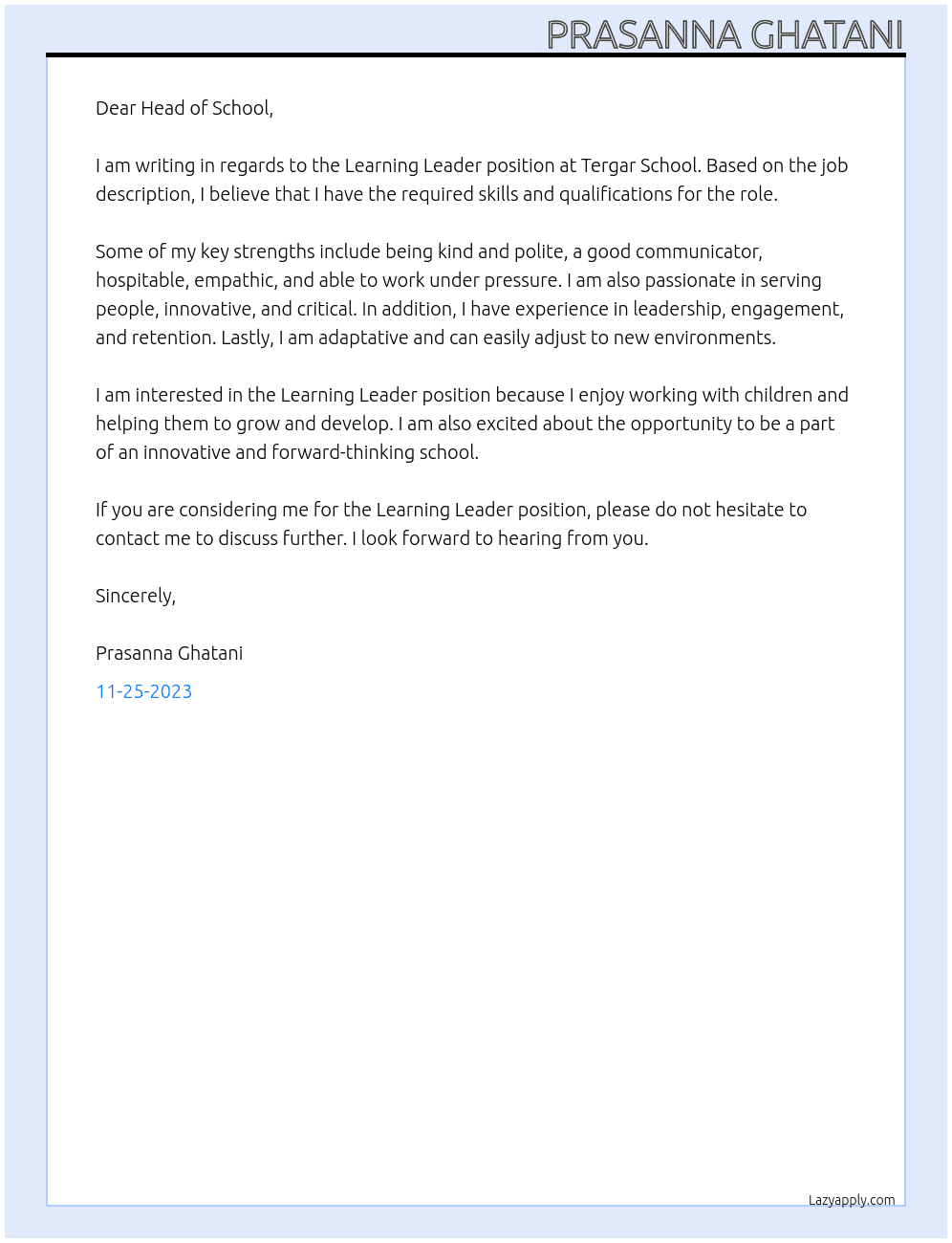 Learning Leader At Tergar School Cover Letter