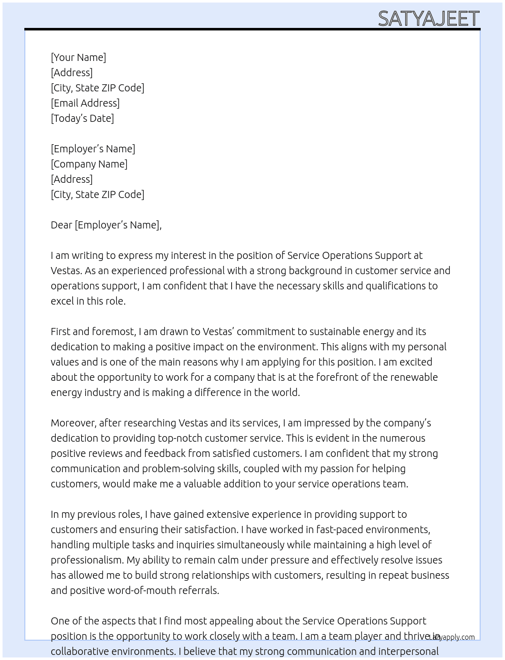 SERVICE OPERATIONS SUPPORT At Vestas Cover Letter