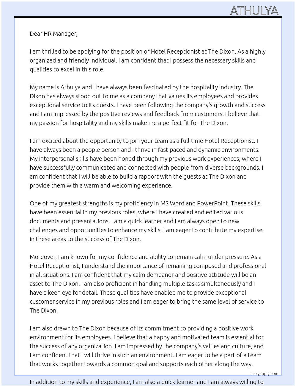 Hotel Receptionist  At The Dixon  Cover Letter