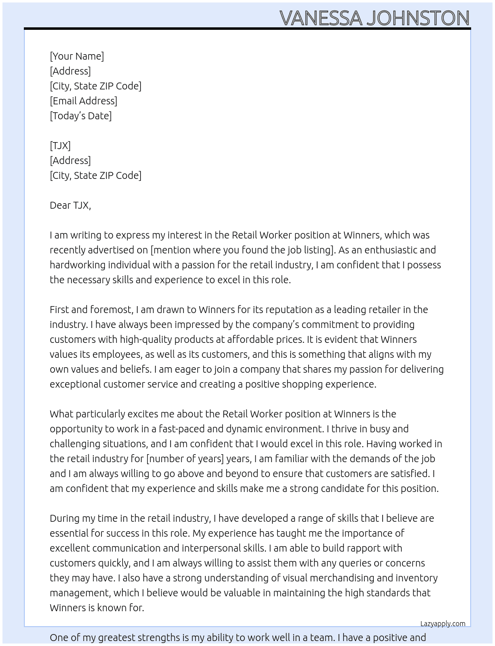 Retail worker  At Winners  Cover Letter
