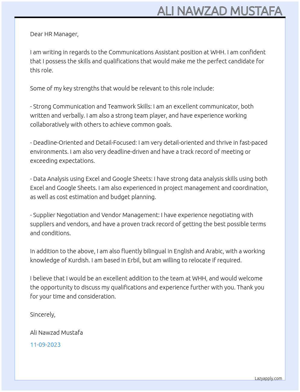Communications Assistant At WHH Cover Letter