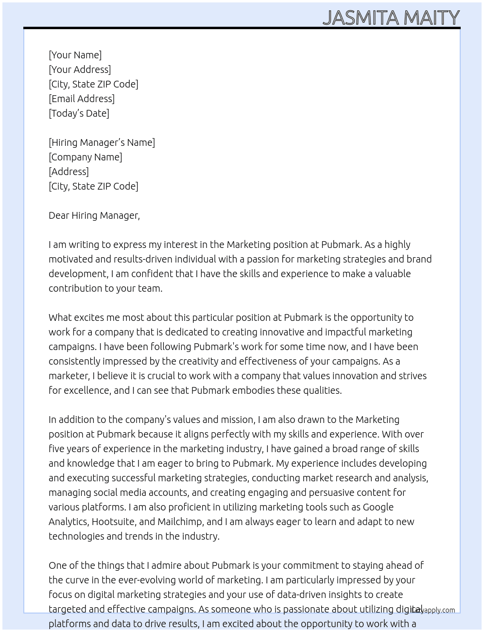 marketing At Pubmark Cover Letter