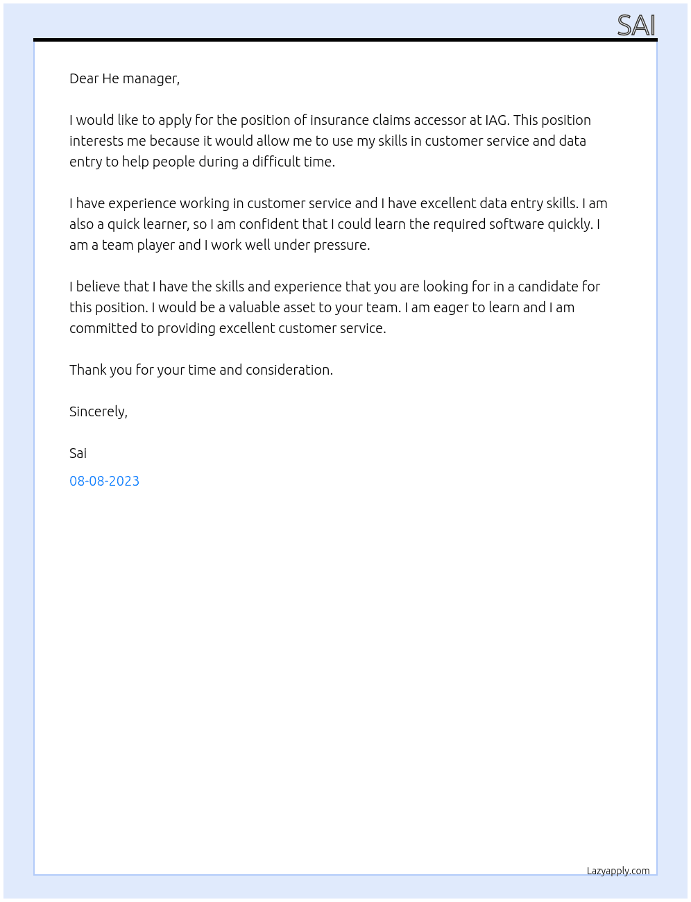 Insurance claims accessor  At IAG Cover Letter