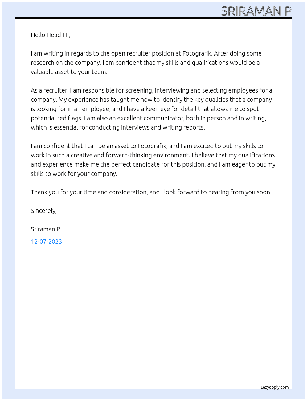 Recruiter At Fotografik Cover Letter