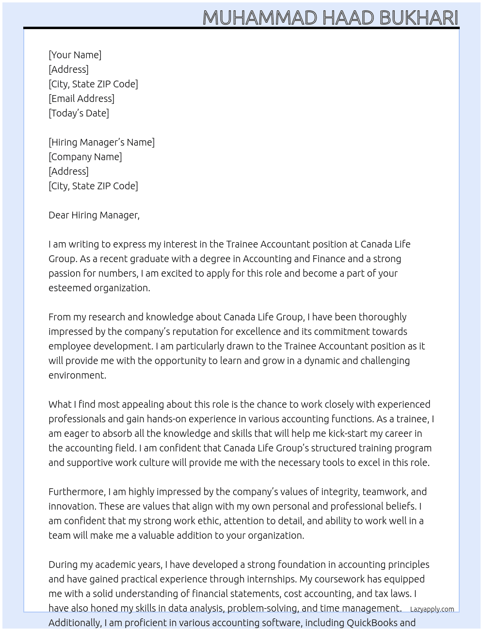 Trainee Accountant At Canada Life Group Cover Letter