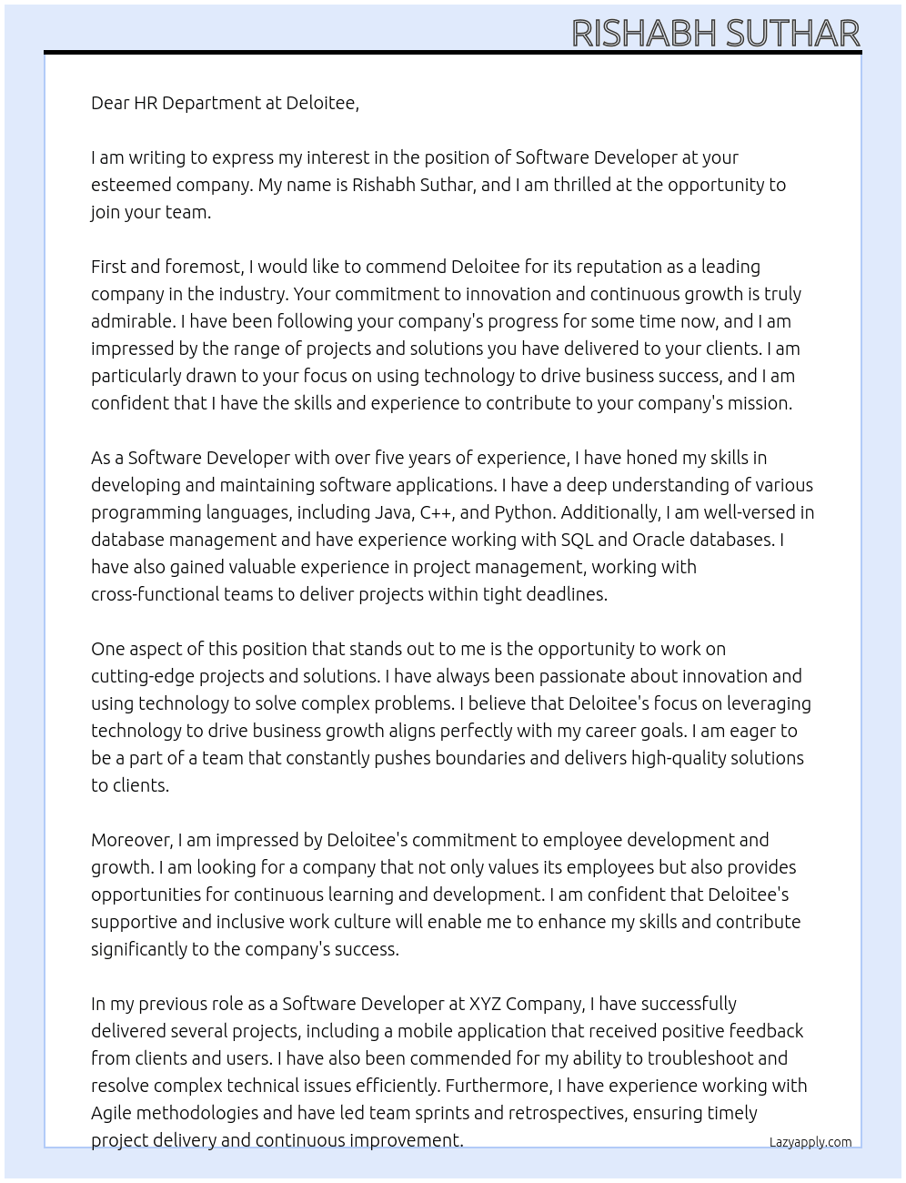 Software Developer At Deloitee Cover Letter
