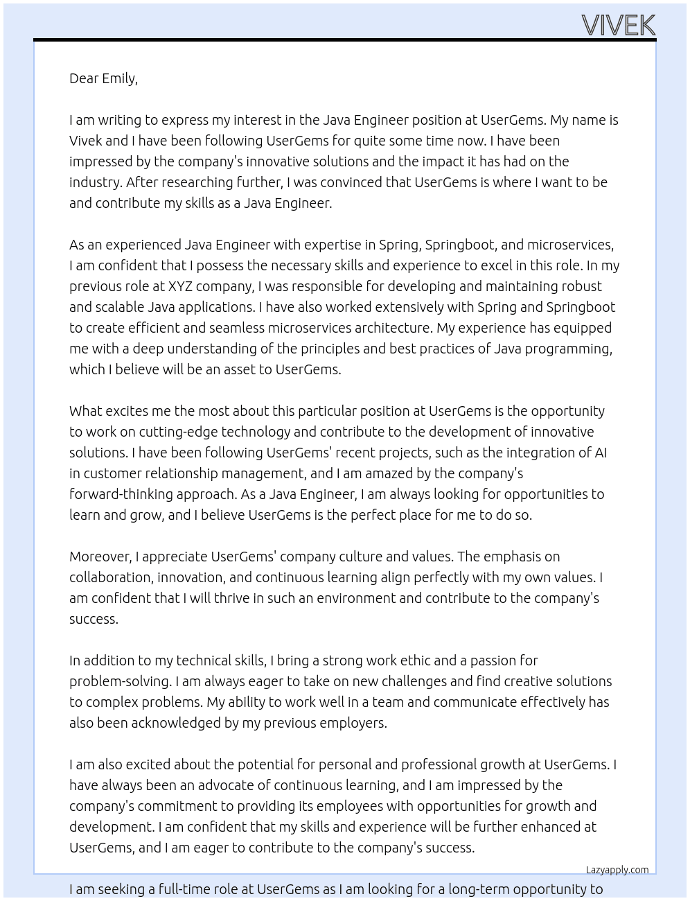 Java Engineer At UserGems Cover Letter