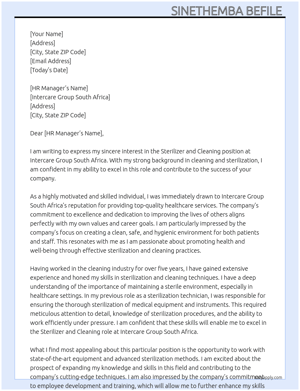 Sterilizer and Cleaning  At Intercare Group South Africa  Cover Letter