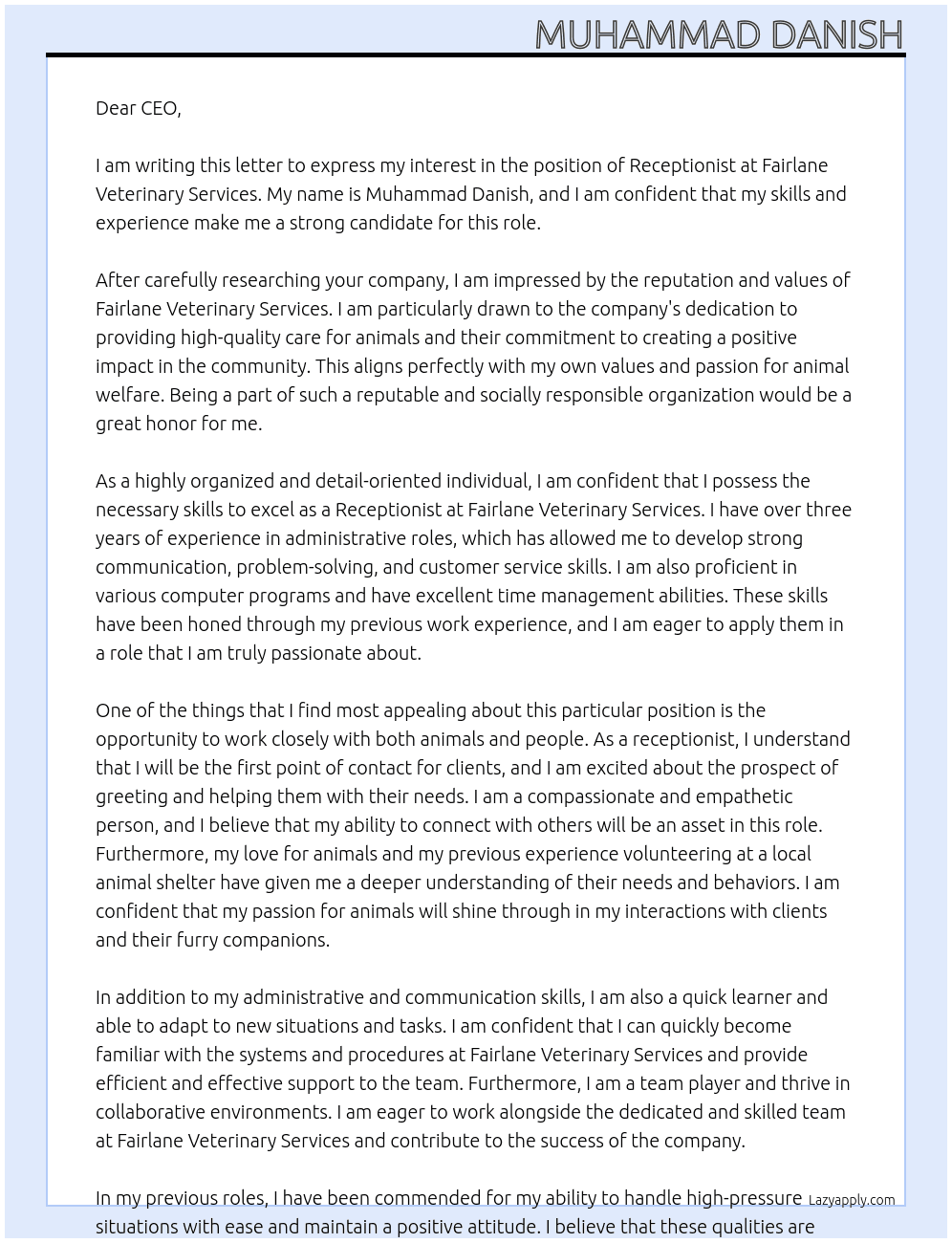 Receptionist At Fairlane Veterinary Services Cover Letter