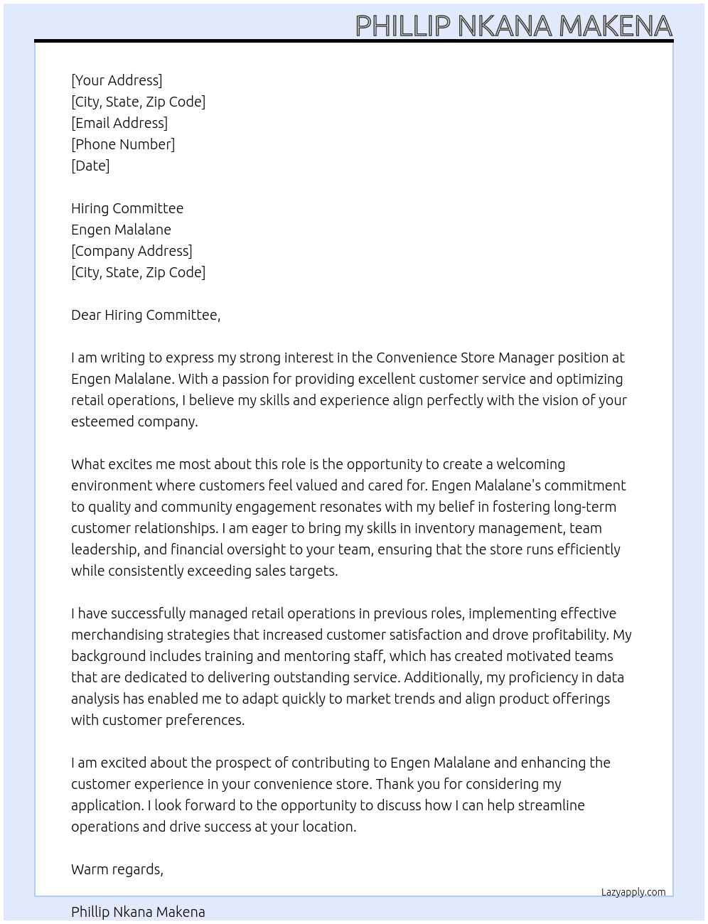 Convenience store manager  At Engen Malalane Cover Letter
