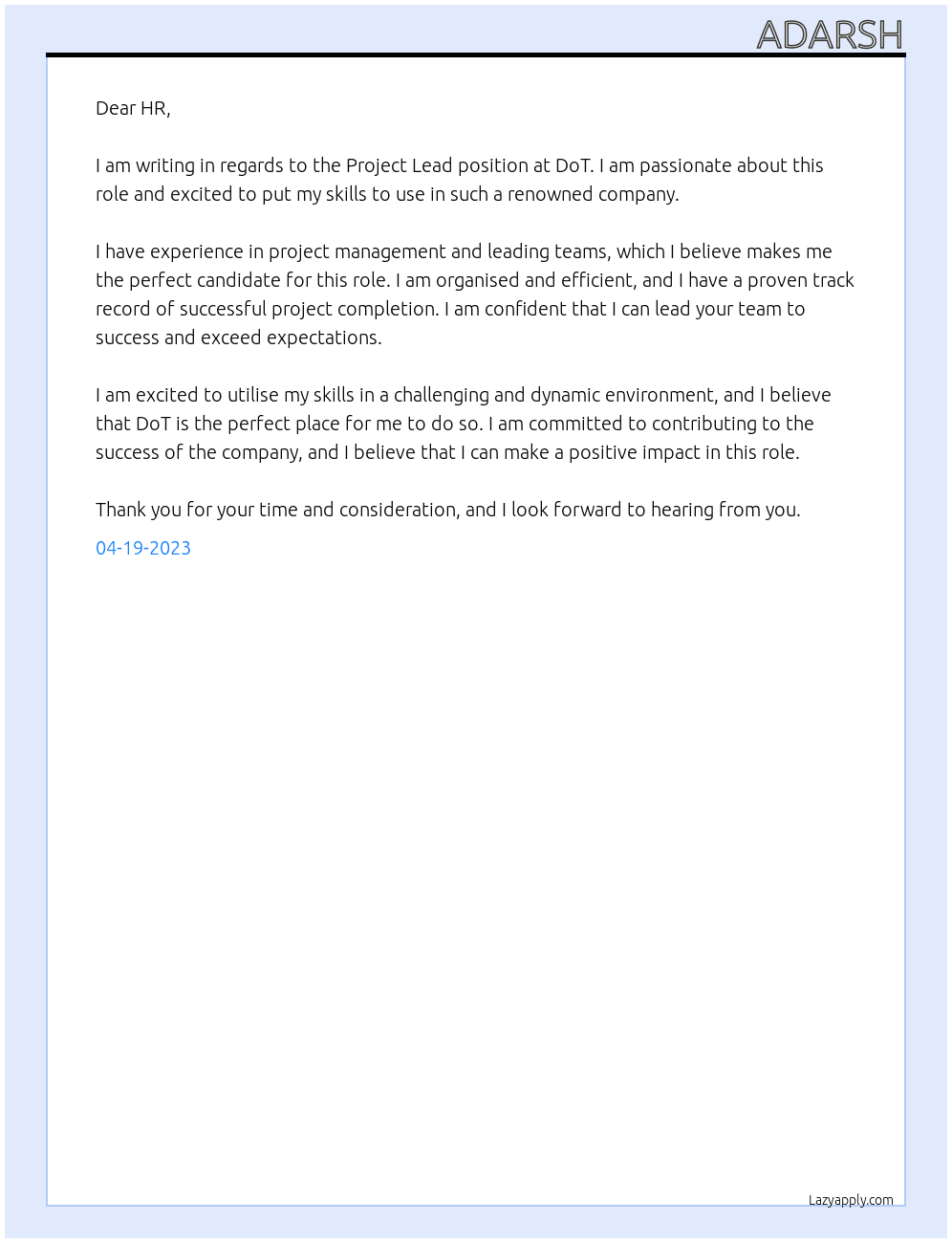 Project lead At DoT Cover Letter
