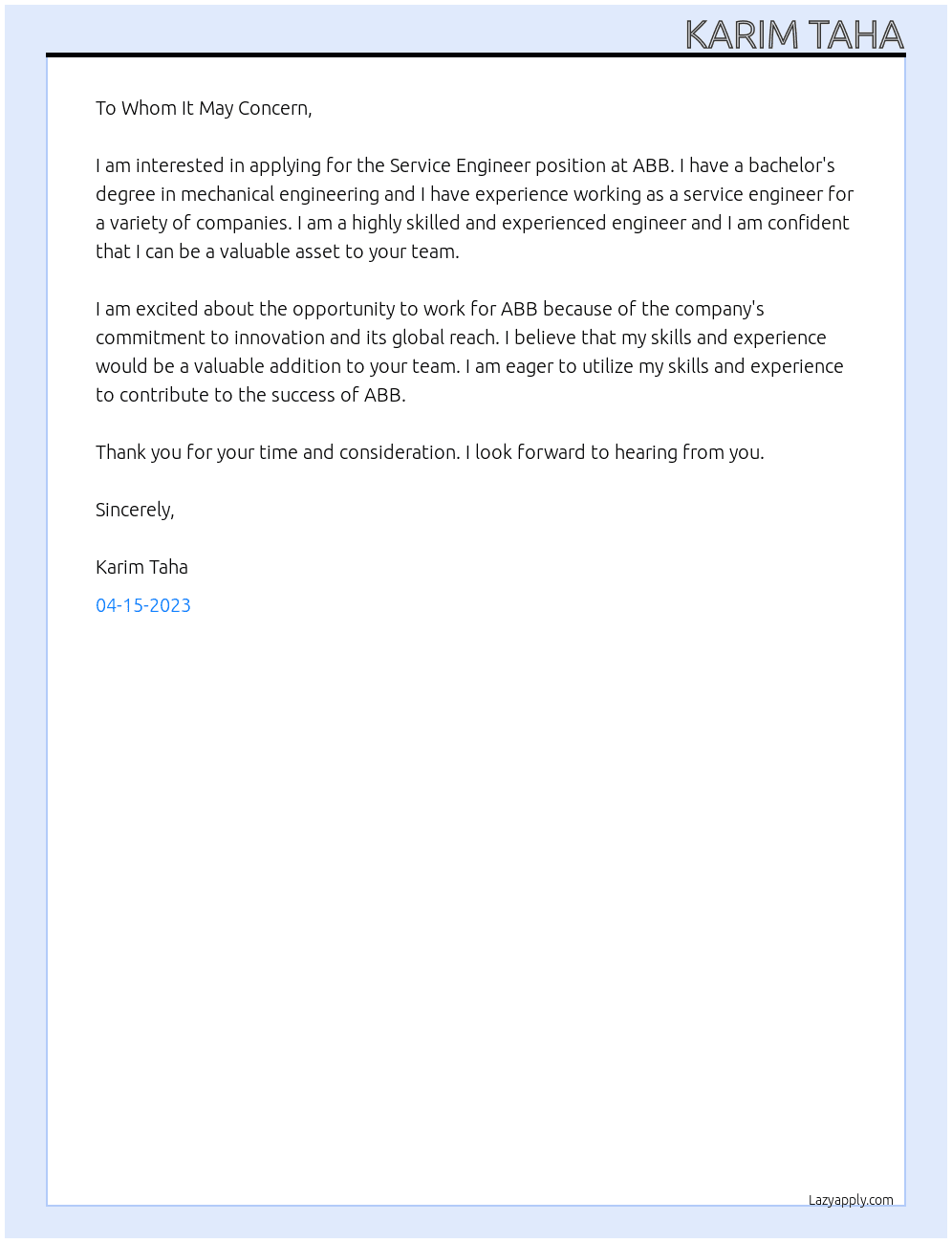 Service Engineer At ABB Cover Letter