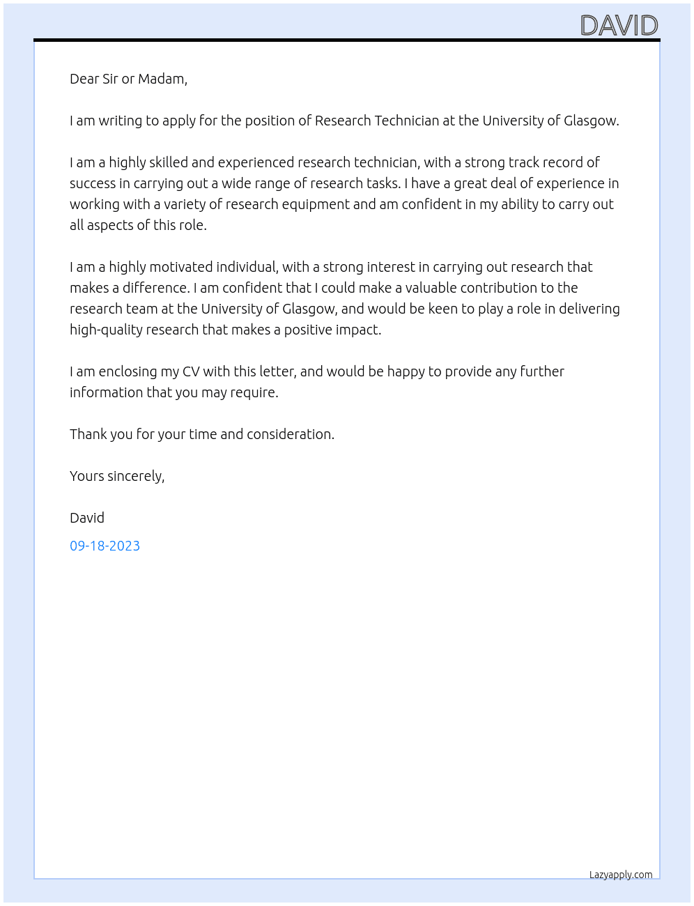 Research Technician At University of Glasgow Cover Letter