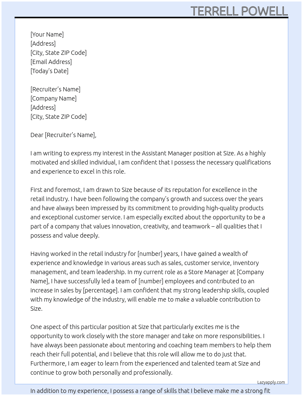 Assistant manager  At Size Cover Letter