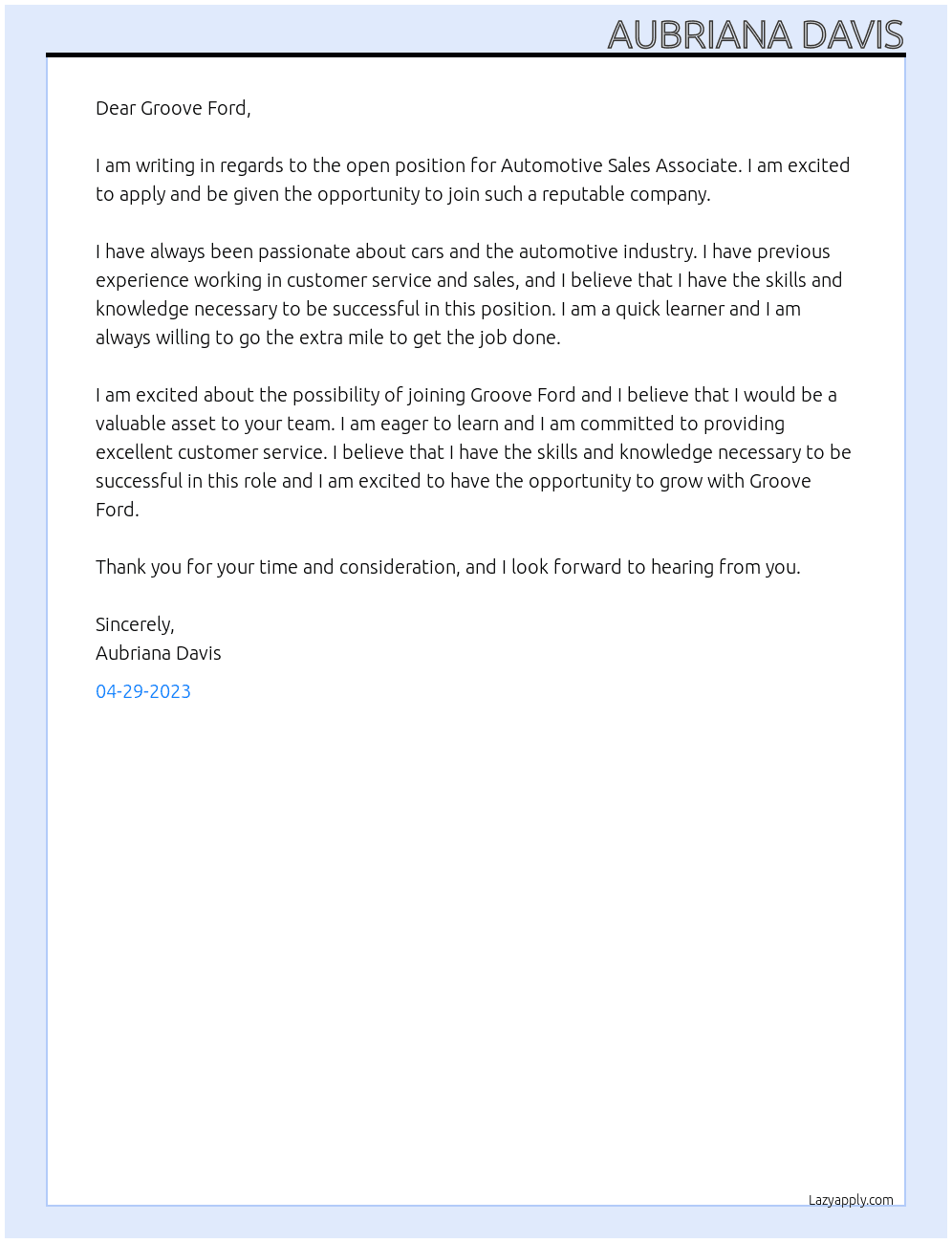 Automotive Sales Associate At Groove Ford Cover Letter