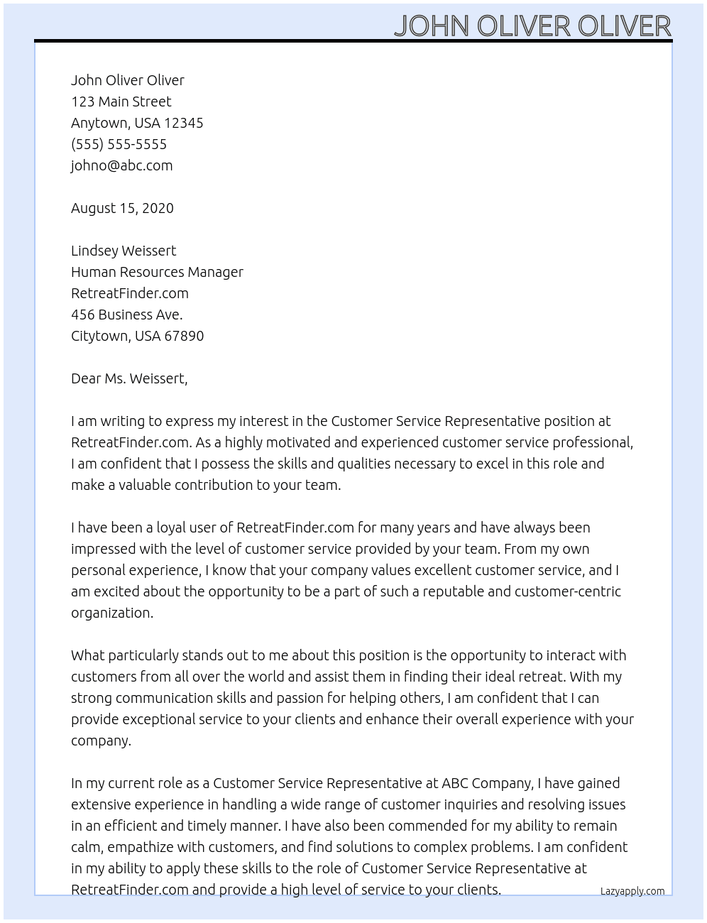 cUSTOMER SERVICE representative At RetreatFinder.com  Cover Letter