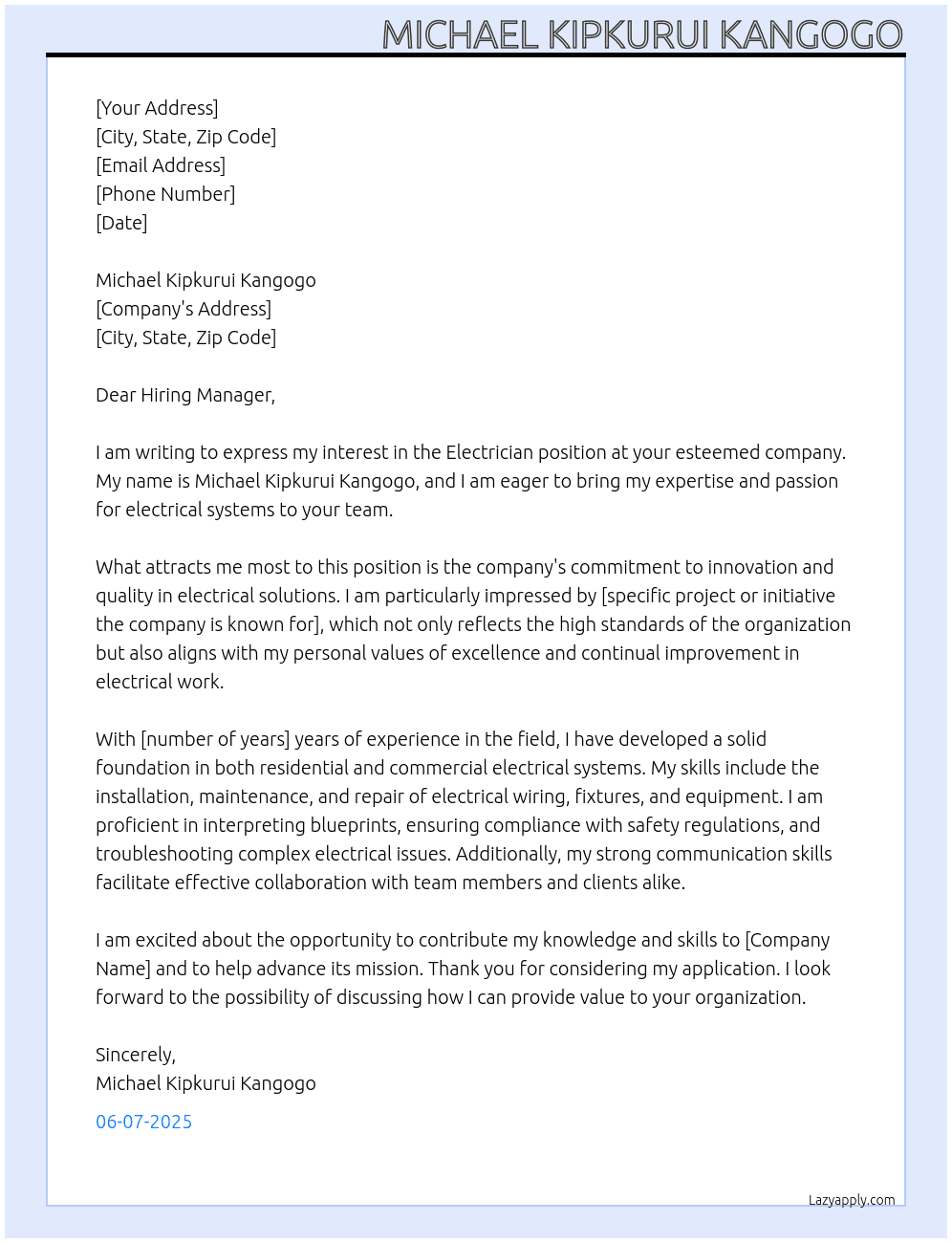 electrician At MICHAEL KIPKURUI KANGOGO Cover Letter