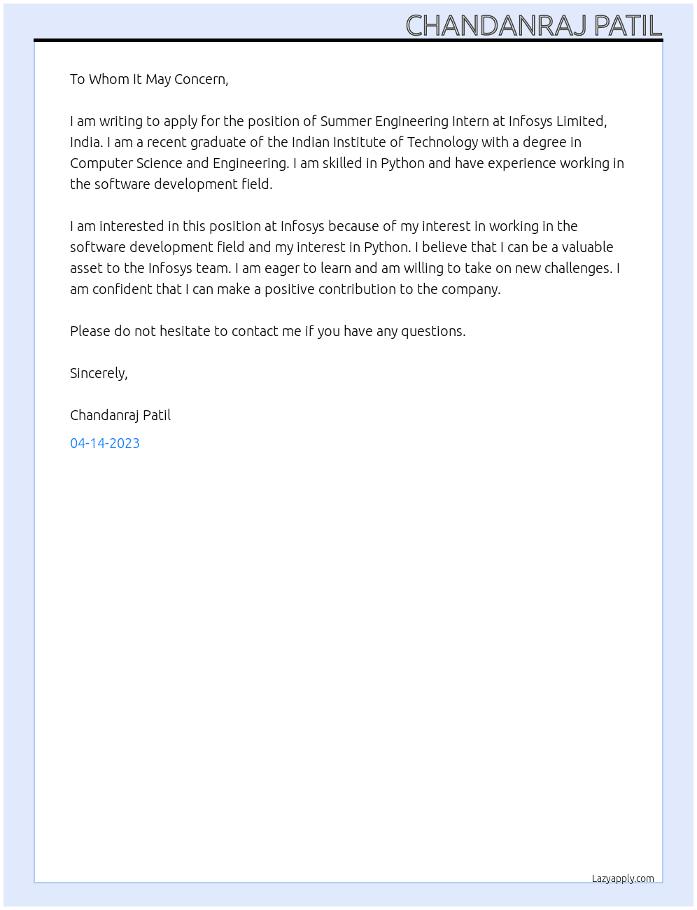 Summer Engineering Intern At Infosys Limited, India Cover Letter