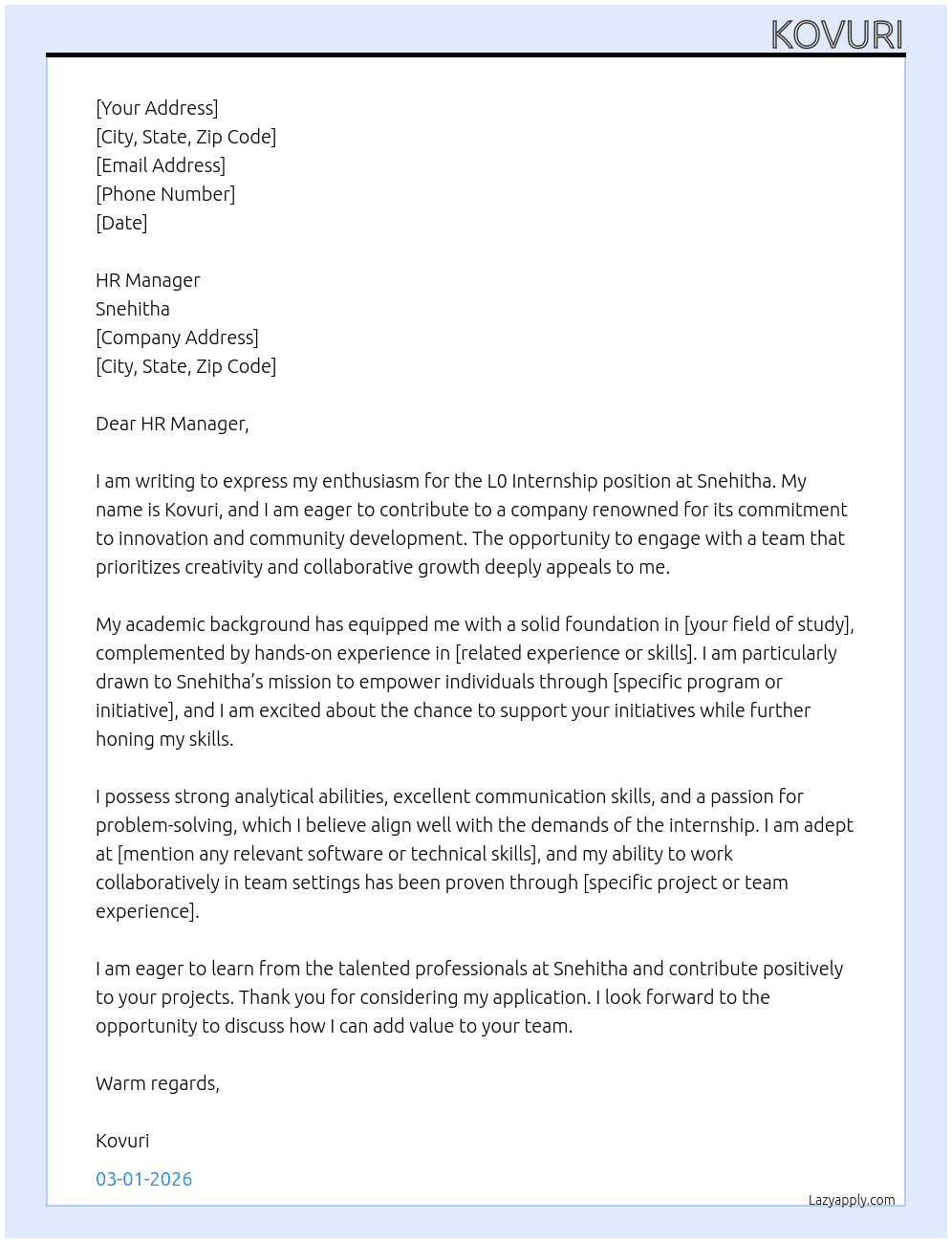 intern L0 At Snehitha Cover Letter