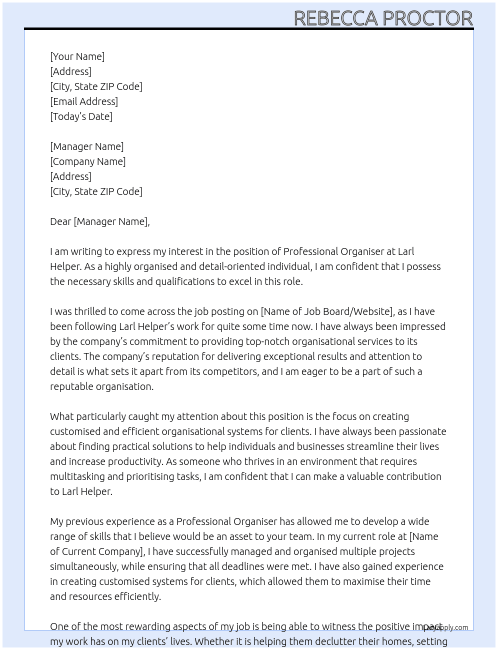 Professional organiser At Larl helper Cover Letter