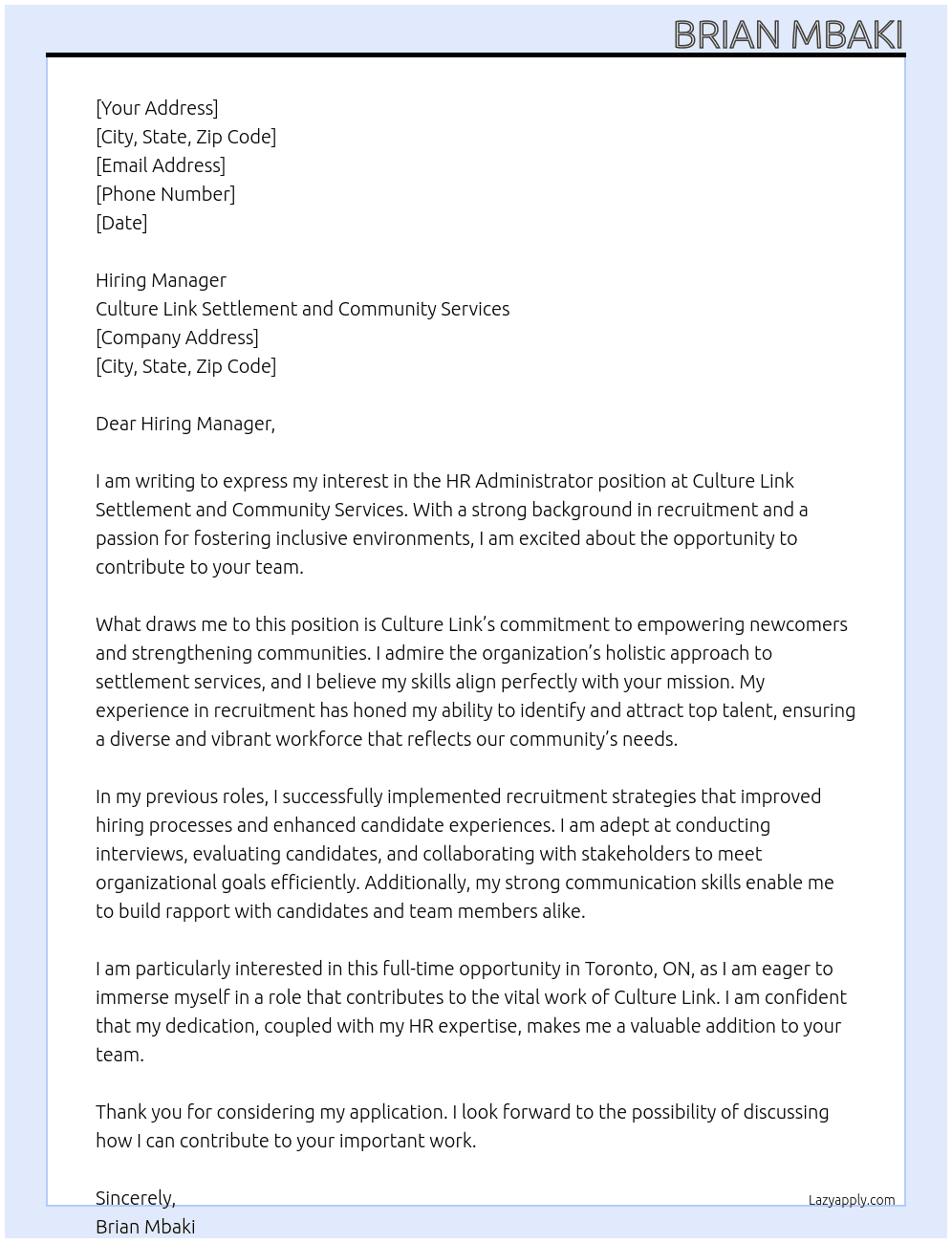 HR Administrator At Culture Link Settlement and Community Services Cover Letter