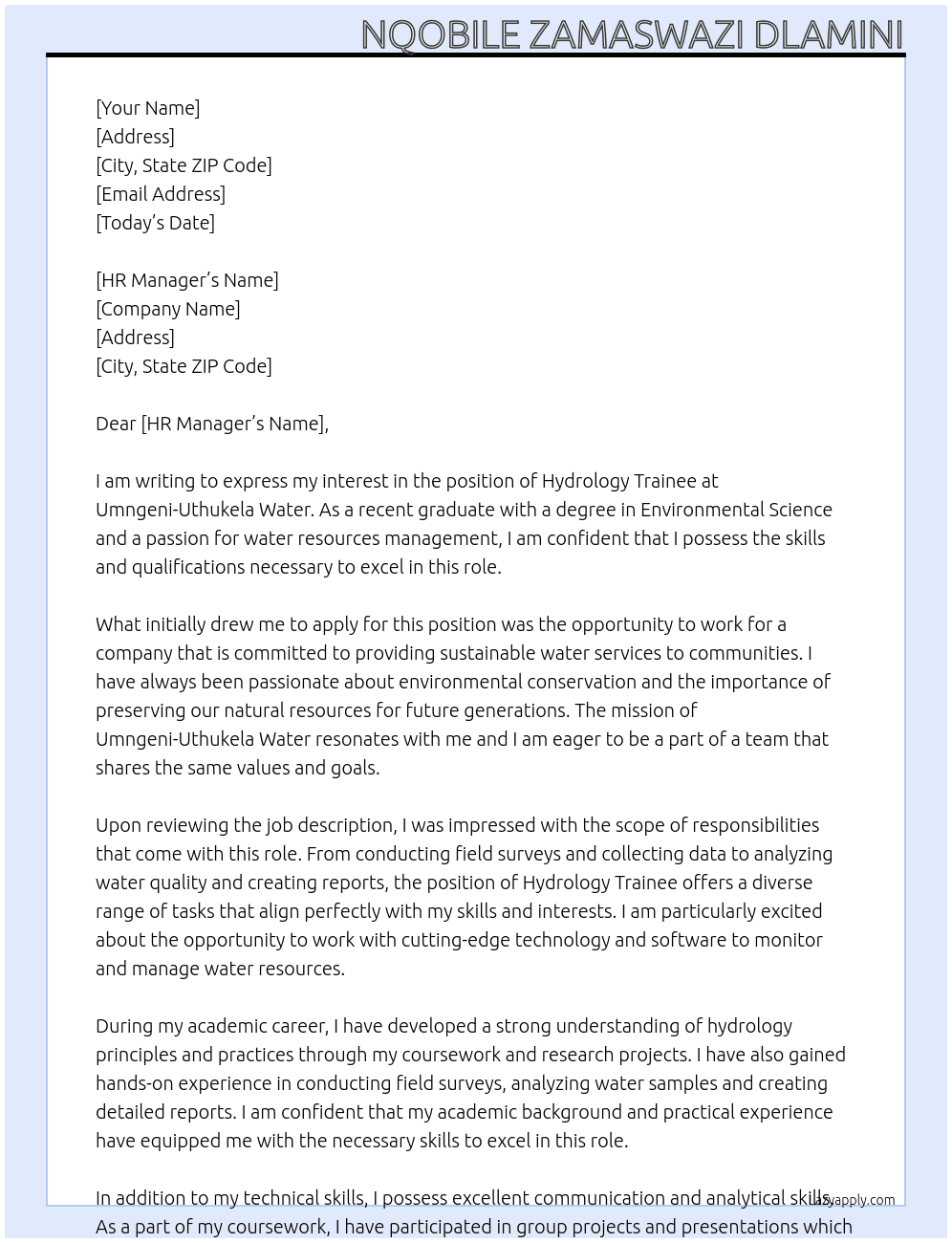 hydrology trainee At umngeni-uthukela water Cover Letter