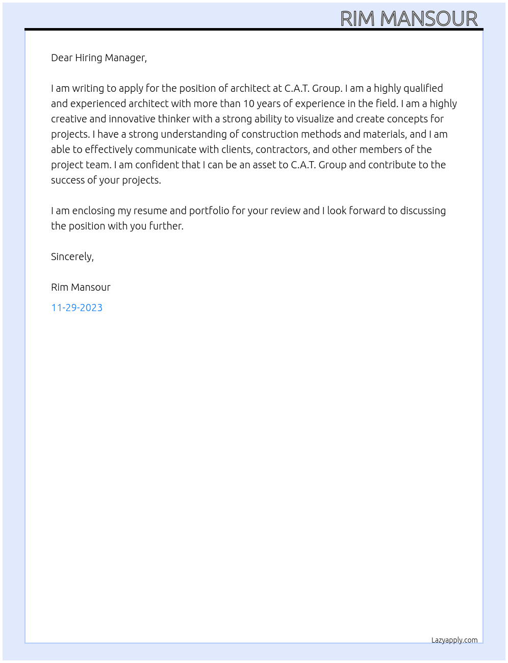 architect  At C.A.T. Group Cover Letter